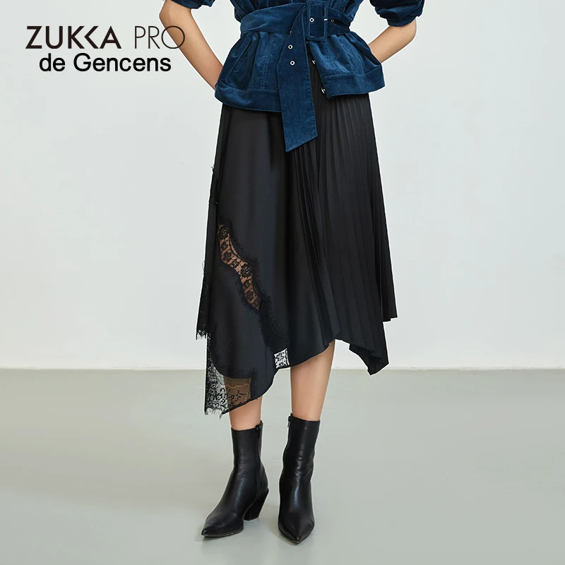 de Gencens卓卡春季新款时尚气质百褶拼接蕾丝不规则半身裙中长款