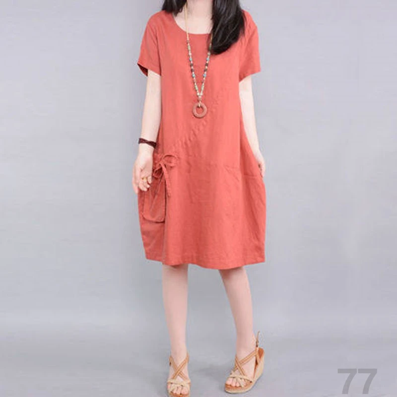 2024夏季新宽松显瘦大码女装圆领中长连衣裙纯色短袖字裙潮
