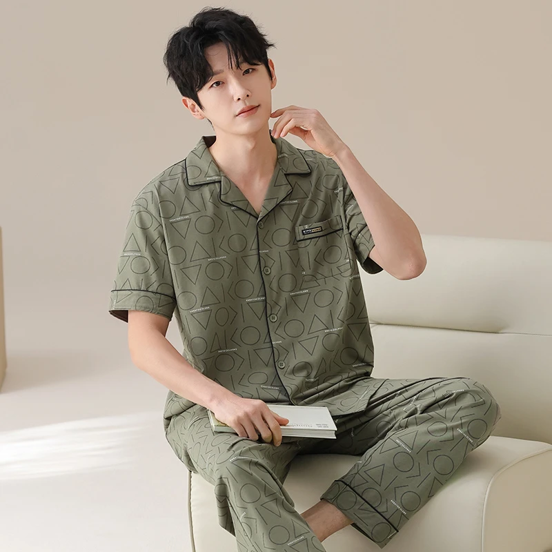 高档男士夏季纯棉短袖长裤家居服翻领开衫男式夏天薄款全棉套裝