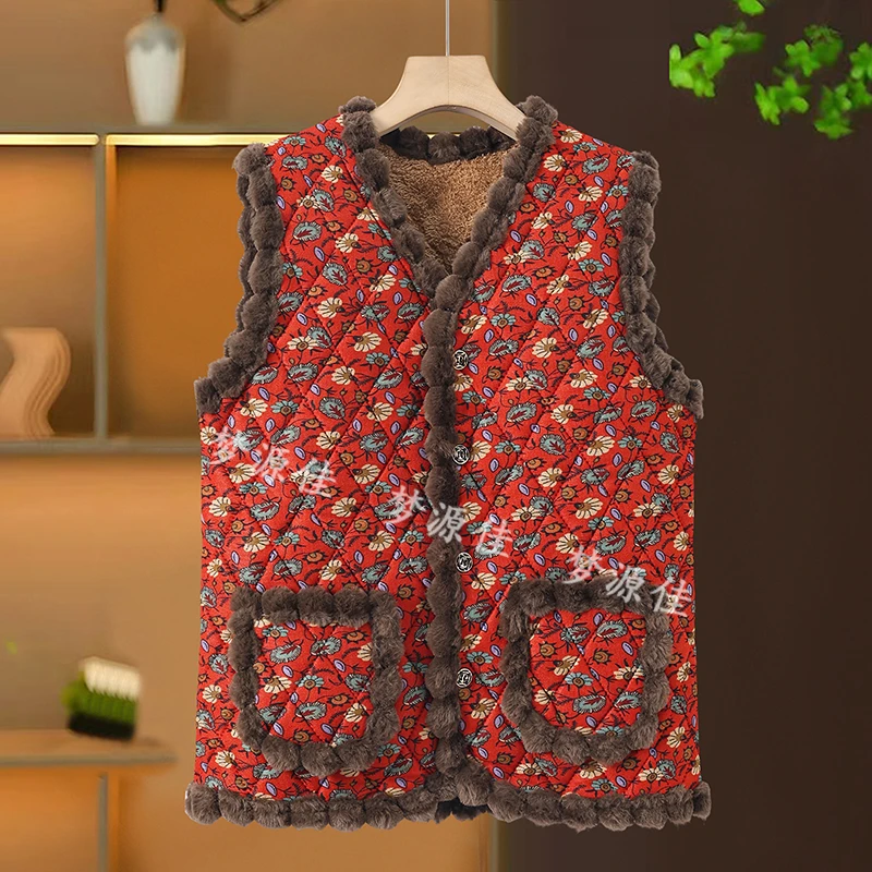 民族风妈妈毛球马甲加绒保暖小坎肩V领有口袋中老年妈妈通勤马甲