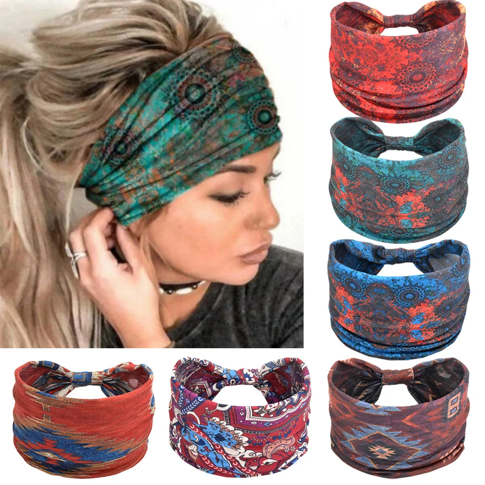 波西米亚瑜伽运动发带弹力防滑宽发带锻炼跑步吸汗女士头带套装