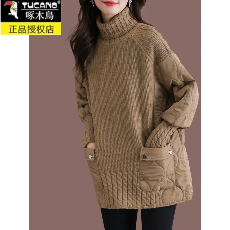 啄木鸟今年流行的高领羊毛衫女秋冬新款保暖羽绒拼接毛衣内搭上衣