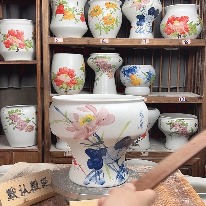 摆件口22青花荷花款陶瓷新款陶瓷