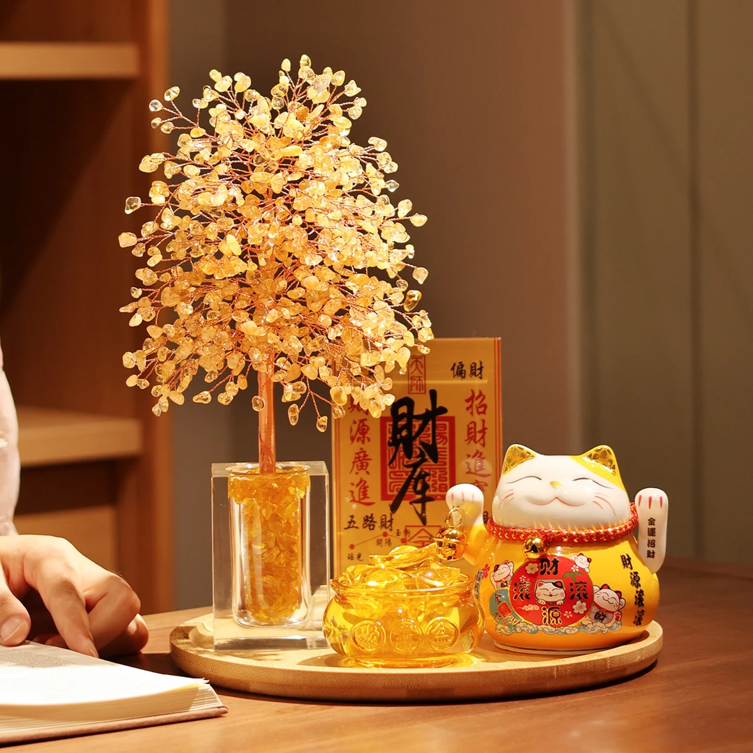 天然黄水晶发财树玄关装饰招财猫摆件自动招手办公室开业乔迁礼物