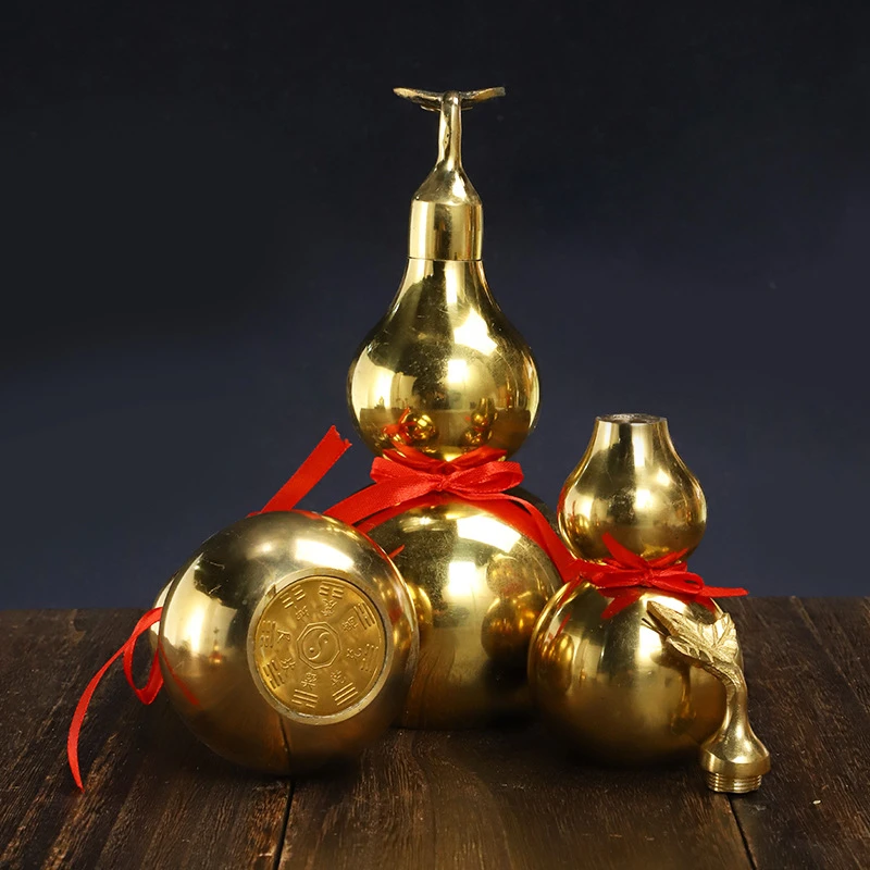 铜葫芦摆件光面带叶葫芦开口开盖八卦葫芦家用客厅办公室乔迁礼物