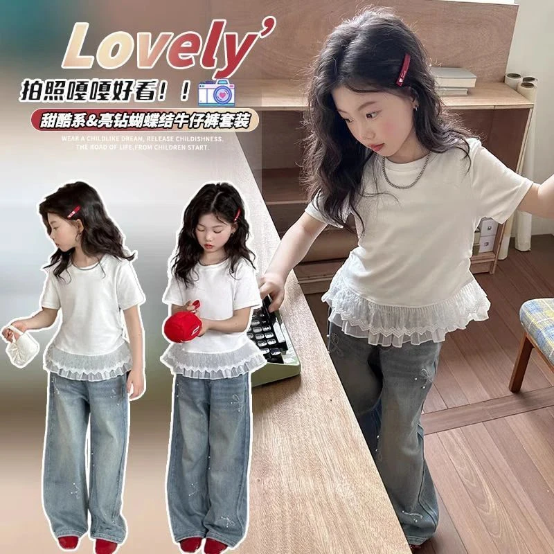 女童装夏装纯棉蕾丝短袖t恤2025年新款衣服装2025年款衣服儿童