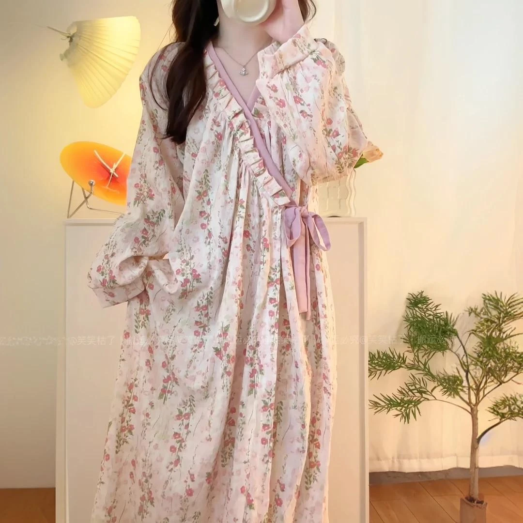 睡袍女春秋新款云朵棉高级感莫奈花园长款睡裙睡衣洗澡浴袍家居服