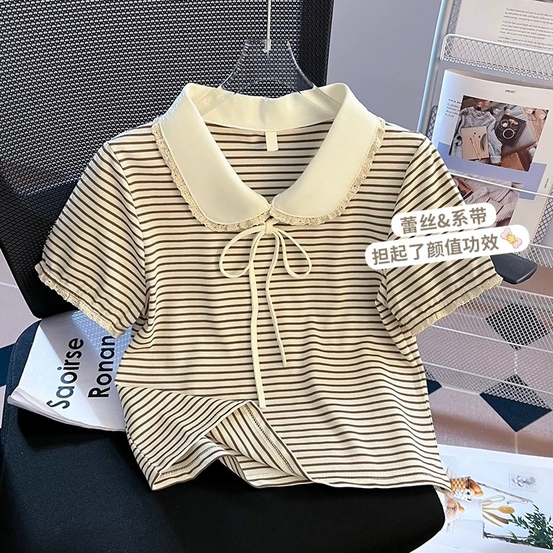 女童娃娃领系带蝴蝶结T恤女短袖夏季中大童新款条纹polo衫翻领潮
