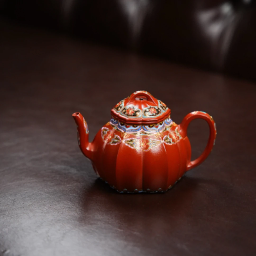 菱花仙子·筋纹精工·160cc 朱泥 全手工珐琅彩 紫砂壶