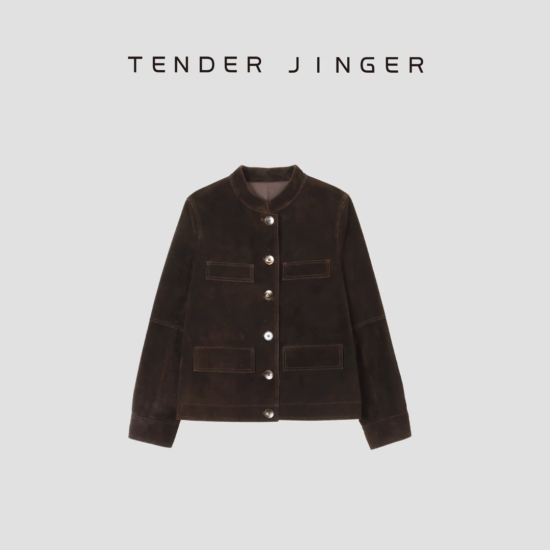 Tender Jinger【黑标】单排扣袖修身牛反绒皮外套T53FF30852