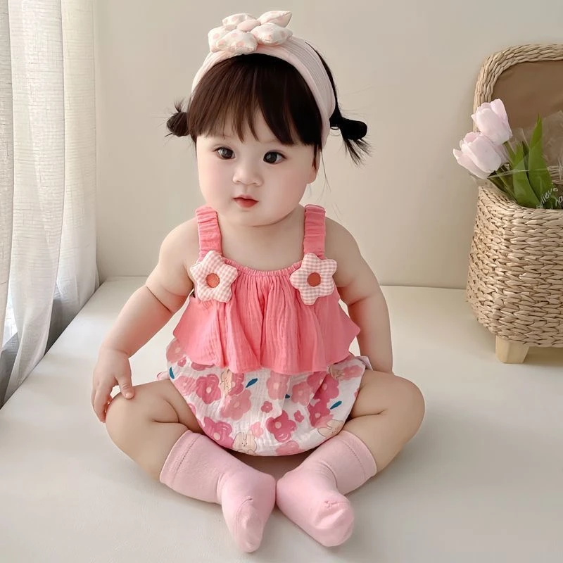 婴儿纱布三角包屁衣夏季薄款女宝宝超萌连体衣新生儿可爱吊带哈衣