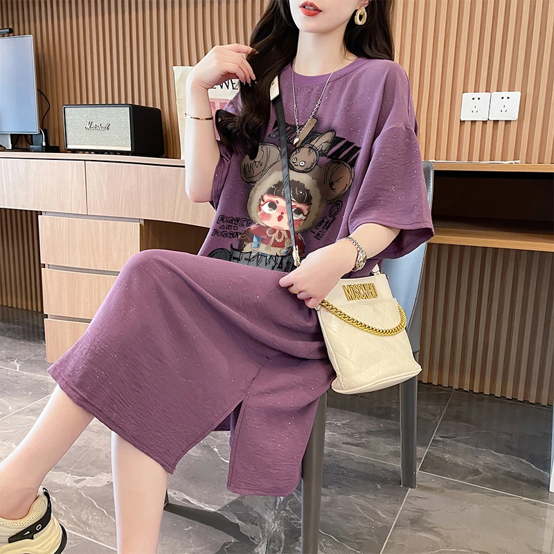 洋气时髦短袖T恤裙女夏季新款韩版满天星设计外穿过膝开叉连衣裙