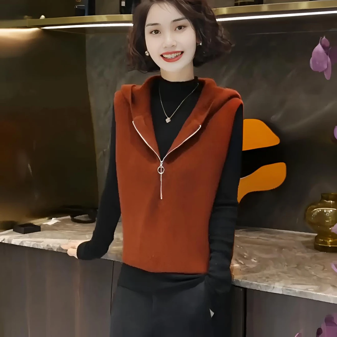 设计感连帽拉链针织宽松显瘦秋冬季叠穿坎肩马甲无袖上衣