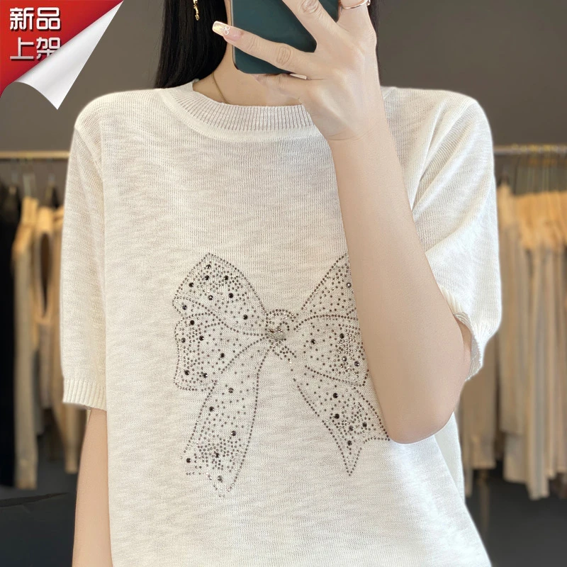 哥弟阿玛施正品2025新款圆领五分袖上衣蝴蝶针织时尚简约百搭T恤