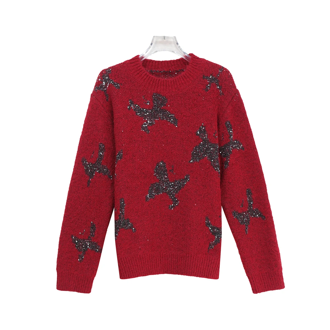 韩系慵懒风重工蝴蝶亮片软糯宽松毛衣针织上衣X27841