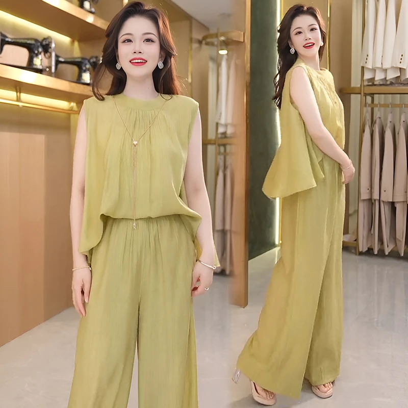 2025夏季新款肌理竖纹时尚套装慵懒立领无袖衫上衣阔腿裤两件套女