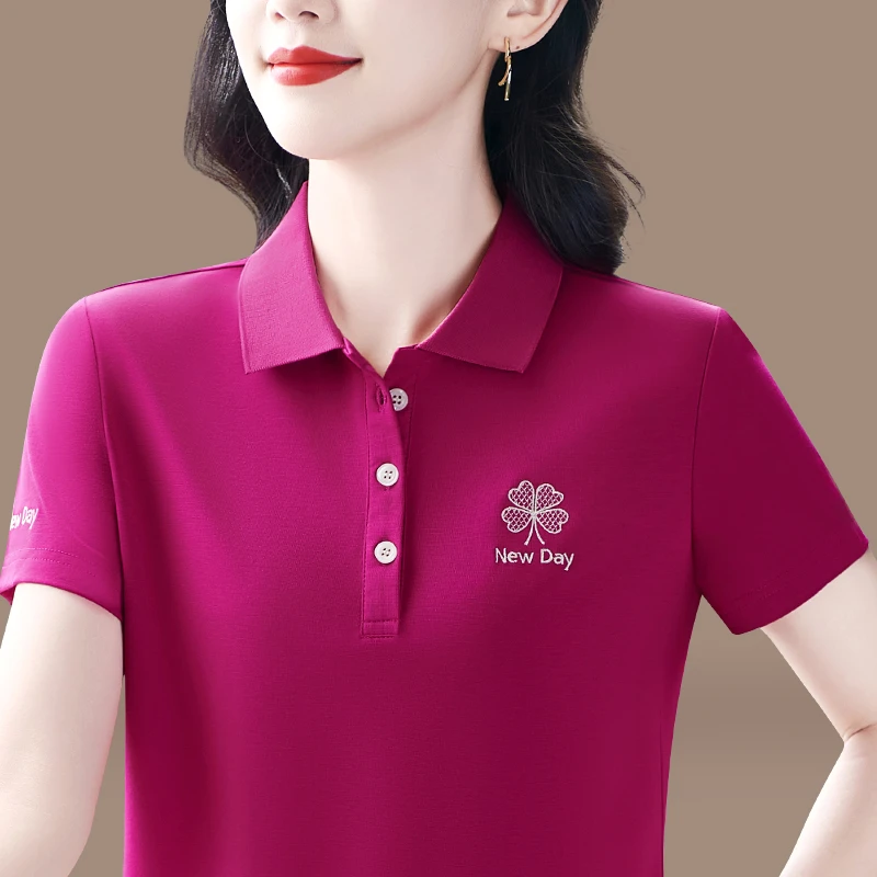 绣花翻领短袖t恤女2025夏季新款时尚休闲polo衫半袖运动衣妈妈装