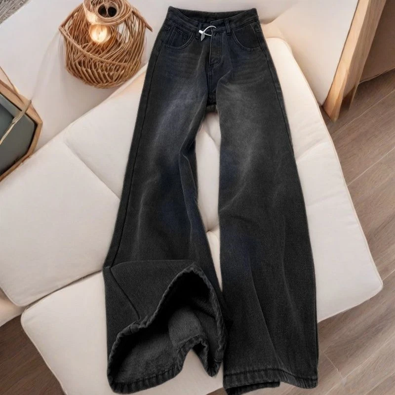 秋冬2025黑灰色高腰阔腿窄版牛仔裤女宽松显瘦垂感百搭直筒裤子潮