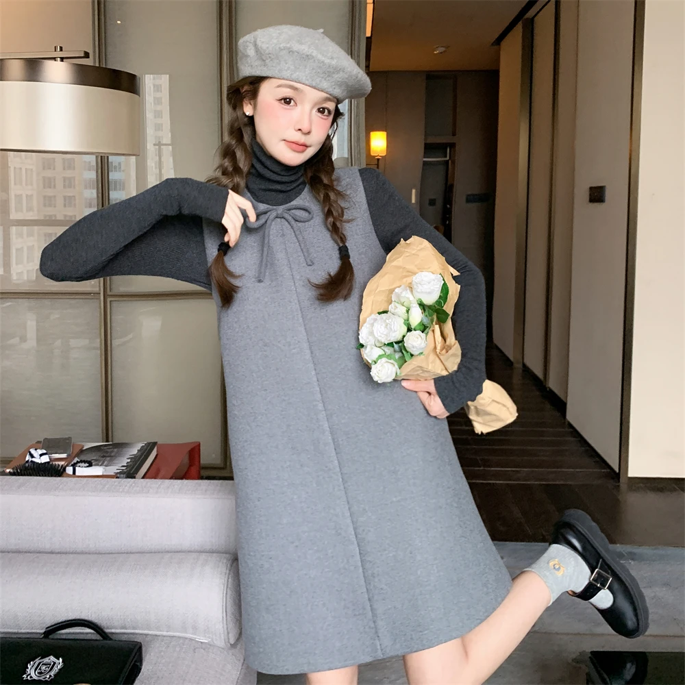 灰色蝴蝶结毛呢套装连衣裙女春秋两件套背心裙子a字裙超好看爆款