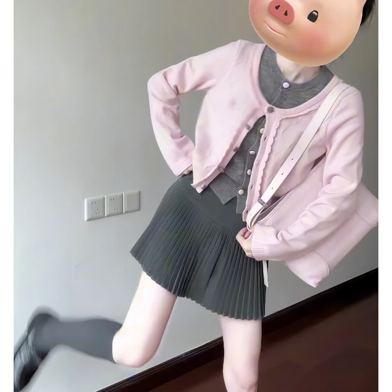 秋冬新款韩系穿搭一整套甜美减龄假两件针织衫高腰显瘦半身裙套装