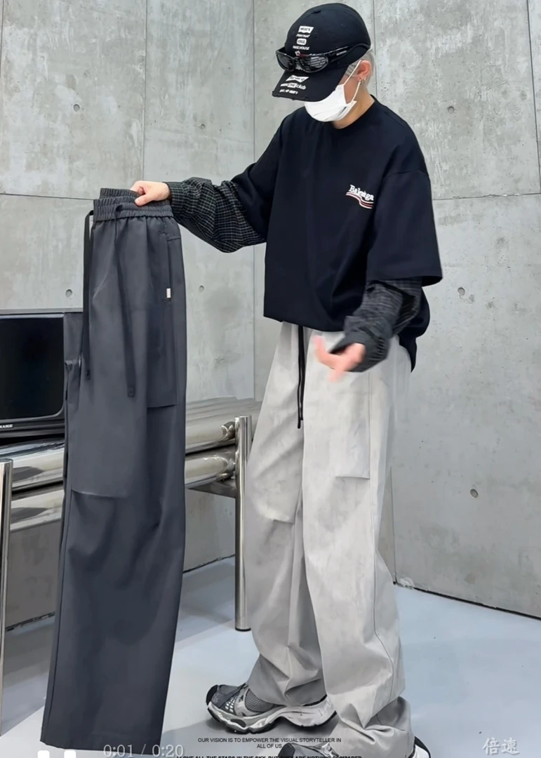 2591秋季阔腿裤潮长裤宽松休闲裤美式扎染百搭