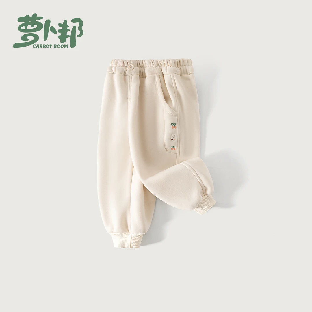 D6217女宝宝秋冬季保暖纯色加绒兔子刺绣卫裤运动女童外穿长裤潮