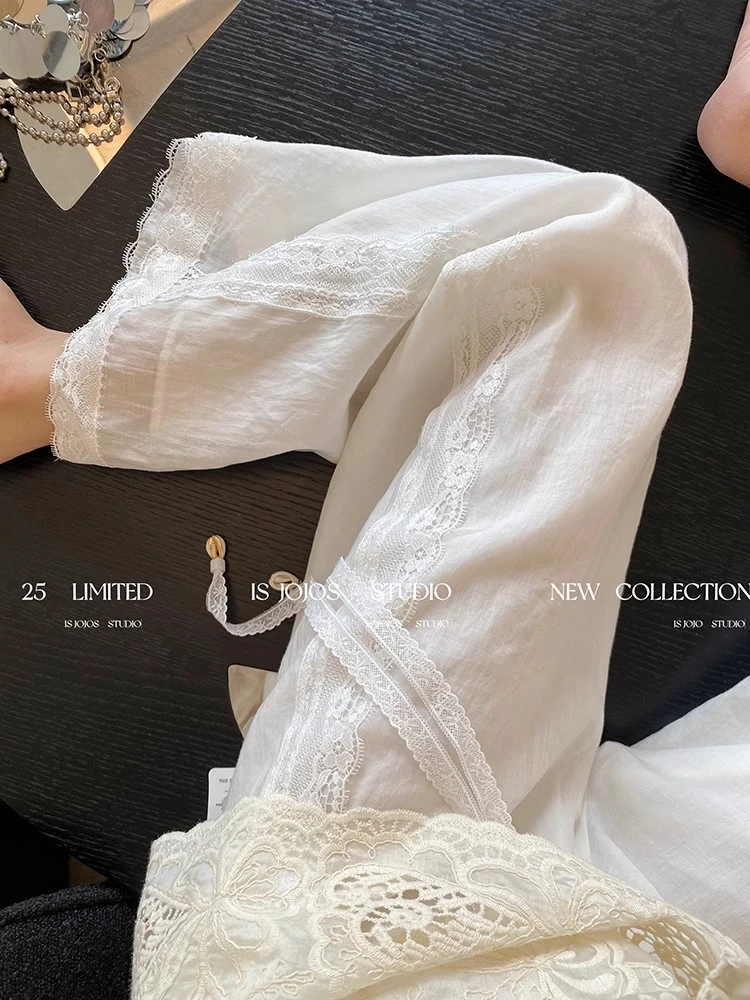 白色蕾丝拼接阔腿裤女夏季2025年新款气质高级感百搭宽松直筒裤子