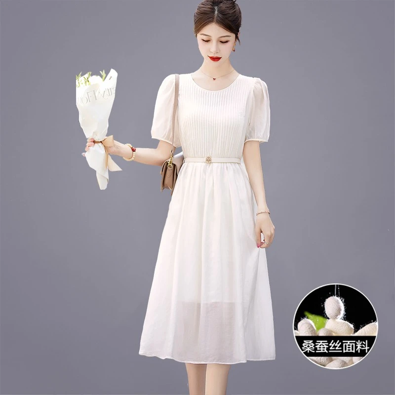 杭州白色桑蚕冰丝连衣裙子女2025新款夏季国际大牌高级感高端名牌