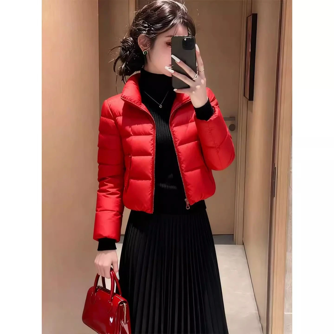 2025冬季新款红色短款加厚棉服女立领显瘦保暖修身外套时尚洋气