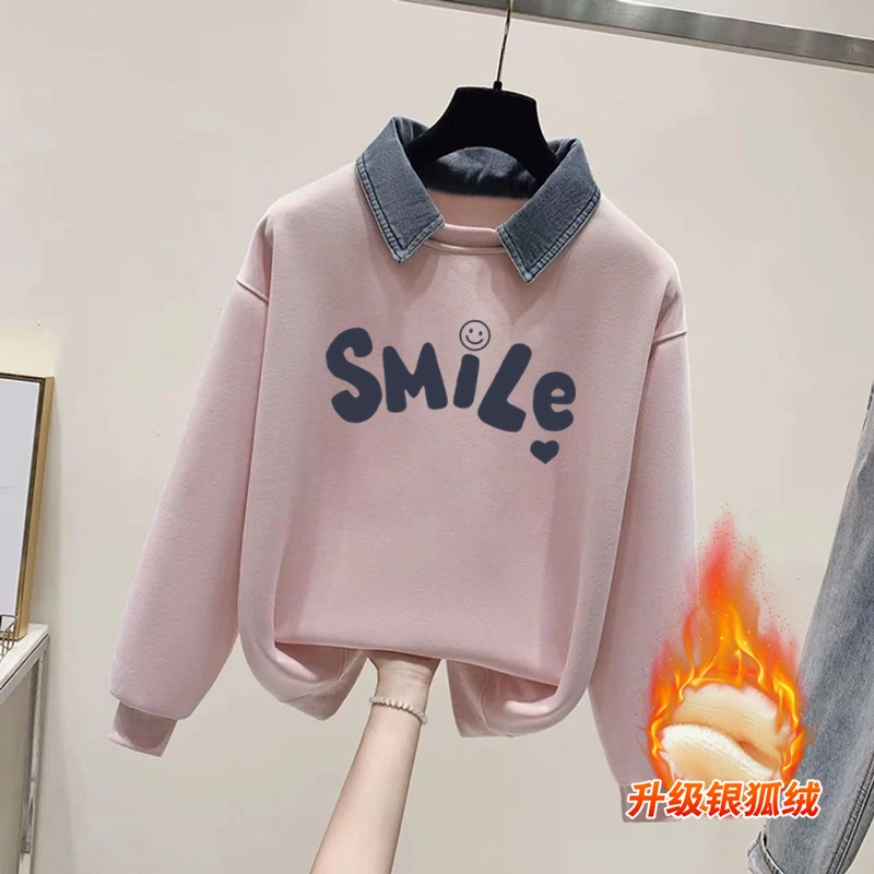 女童加绒卫衣秋冬新款女大童洋气假两件上衣有领女宝宝秋冬衣服冬