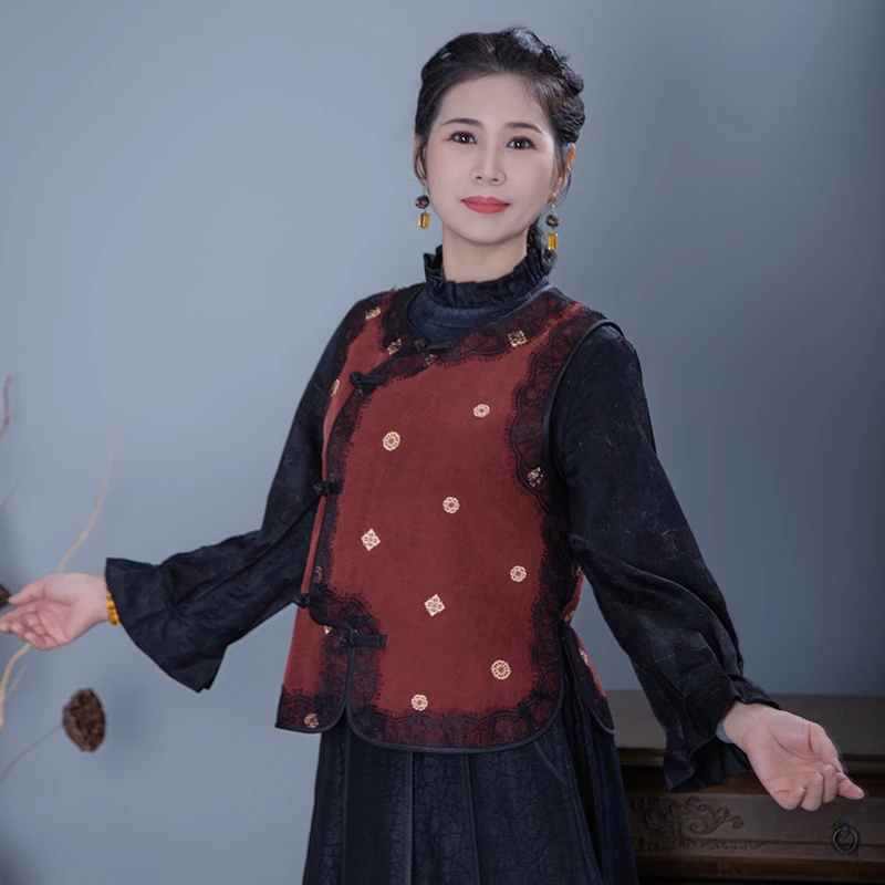 【红色宝湘花年服马夹】 双面穿设计款香云纱棉马夹 G567489