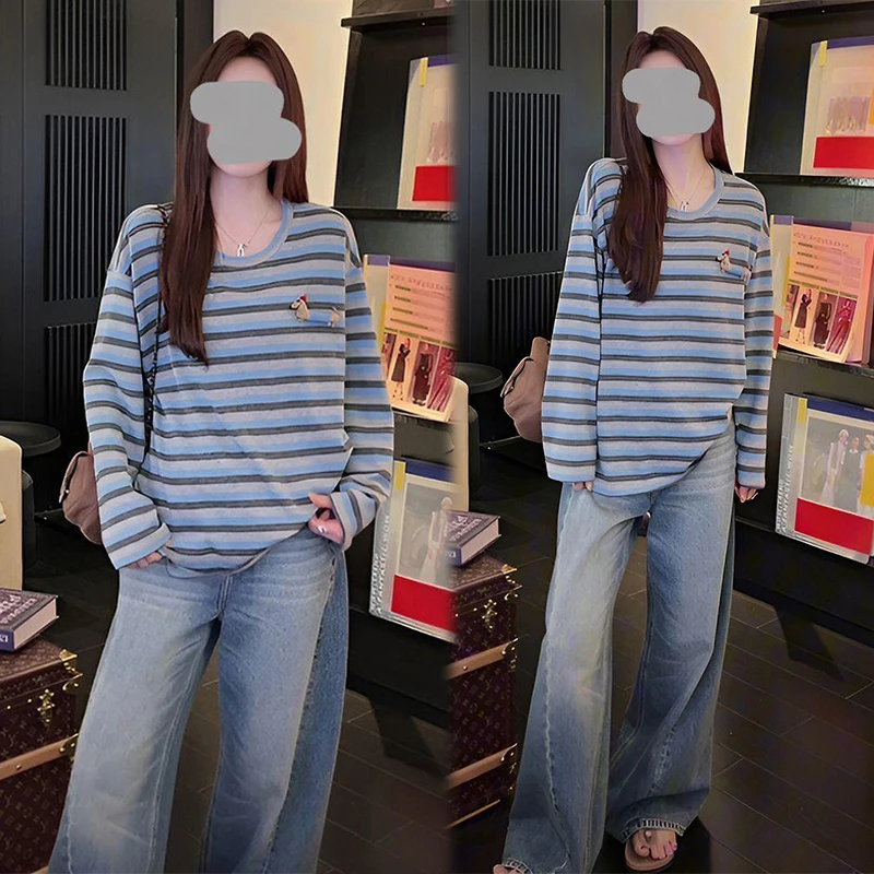 韩版休闲时尚套装女2025春秋新款条纹针织衫长袖牛仔阔腿裤两件套