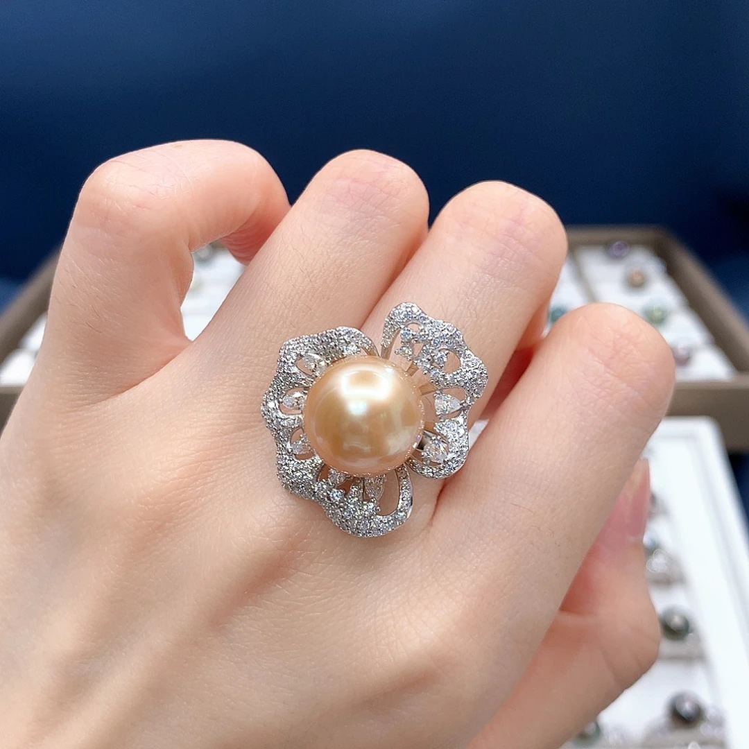 银S925镶嵌戒圈海水珍珠天然南洋金珠12.8m m戒指