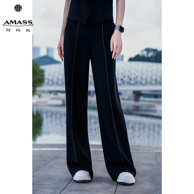 阿玛施时尚显瘦黑色垂感高腰阔腿裤长裤高腰新款直筒阔腿裤宽松
