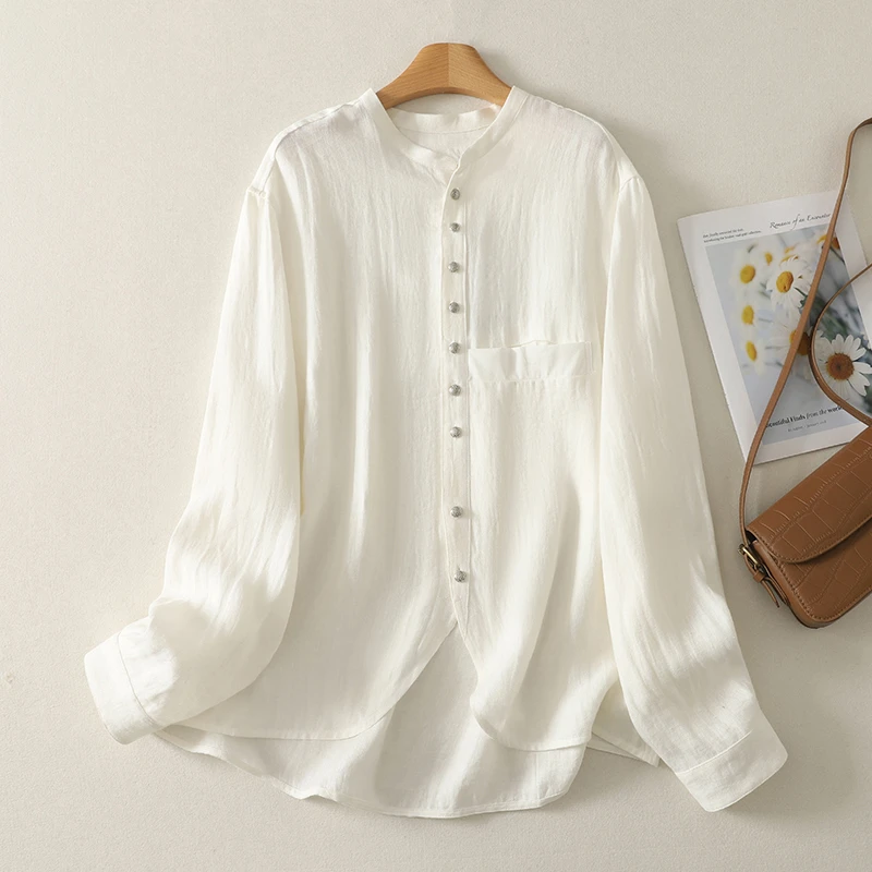 秋冬季时尚新款慵懒自在复古银扣中式禅意风白色亚麻防晒衬衫外套