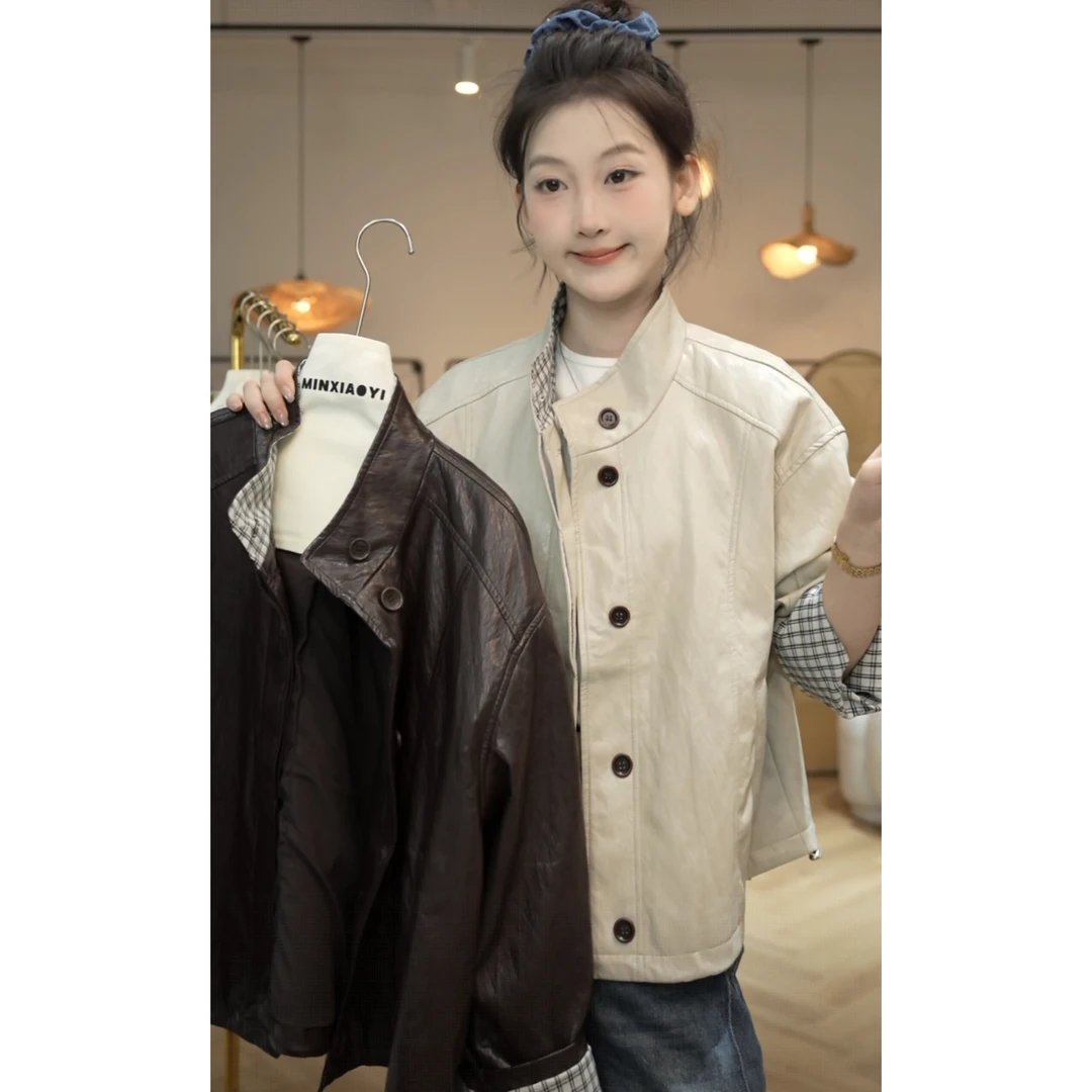 闵笑一【微甜拿铁】设计款温柔显瘦气质甜美休闲皮衣秋款丨R096
