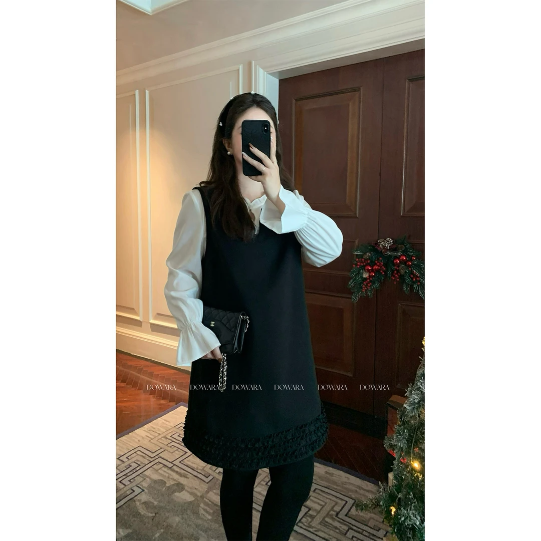 大婉酱微胖定制【伯德尔小姐】气质木耳边拼接假两件连衣裙女 2532D