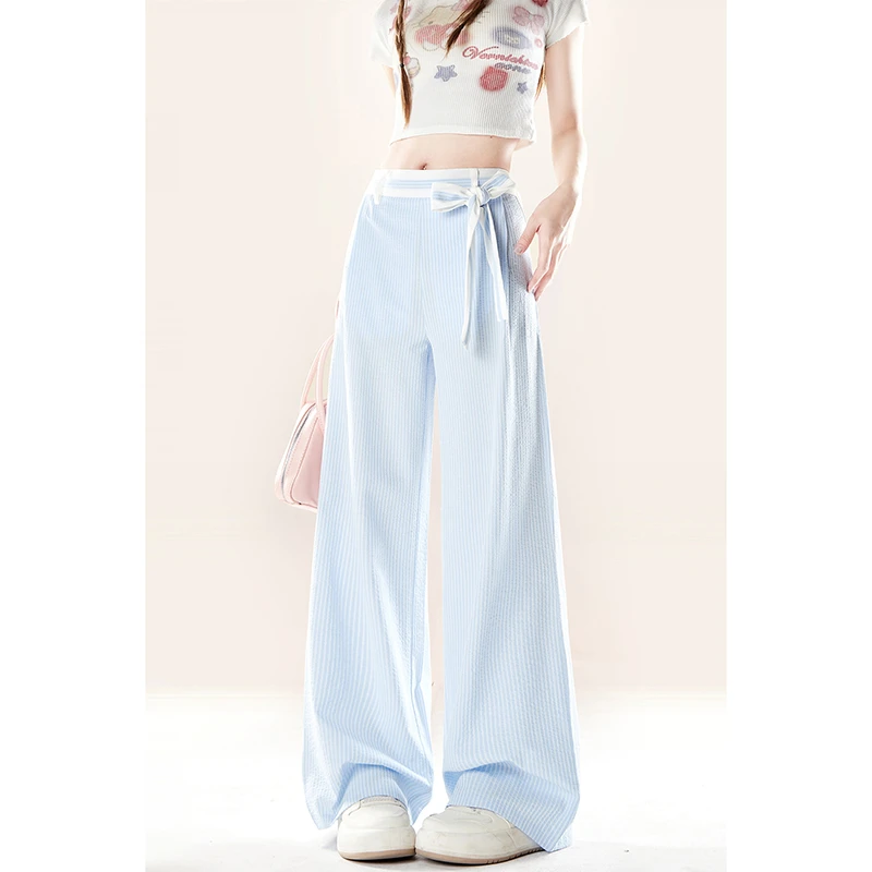 自然涩美式直筒条纹休闲裤女2025夏季新款慵懒高腰显瘦直筒长裤子