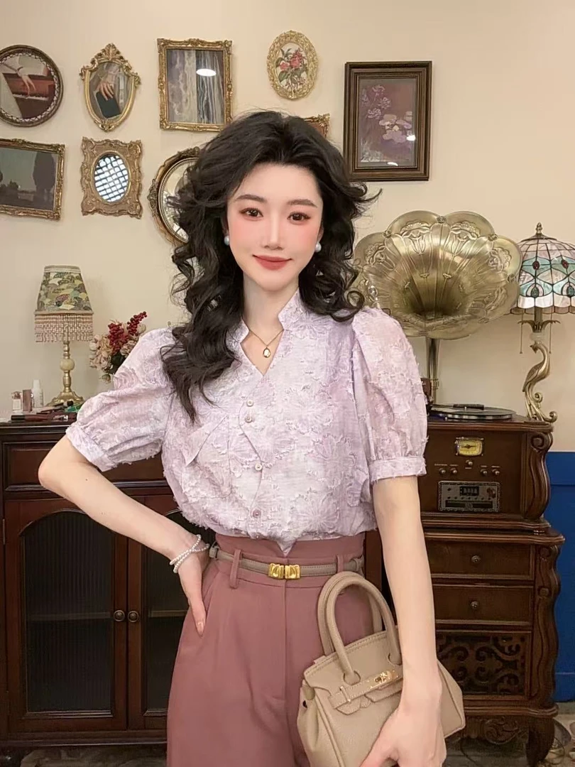 【港万】设计感提花气质通勤不规则门襟短袖衬衫2503Y5077