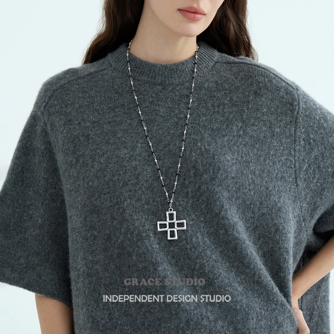 铜合金项链 G/S缪斯 休闲镂空十字架串珠毛衣链长款高级感长项链