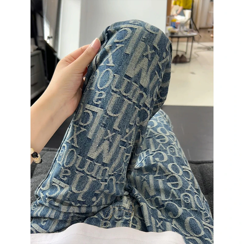 字母满印提花牛仔裤男秋季小众设计感裤子美式高街vibe直筒微喇裤