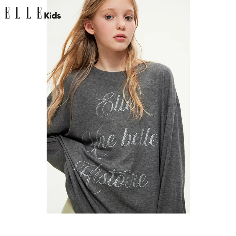 ELLE KIDS设计感字母烫钻T恤女童春秋款落肩圆领休闲上衣C3