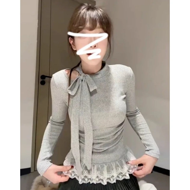 设计感蕾丝拼接长袖打底衫秋冬新款美式辣妹修身显瘦休闲百搭上衣