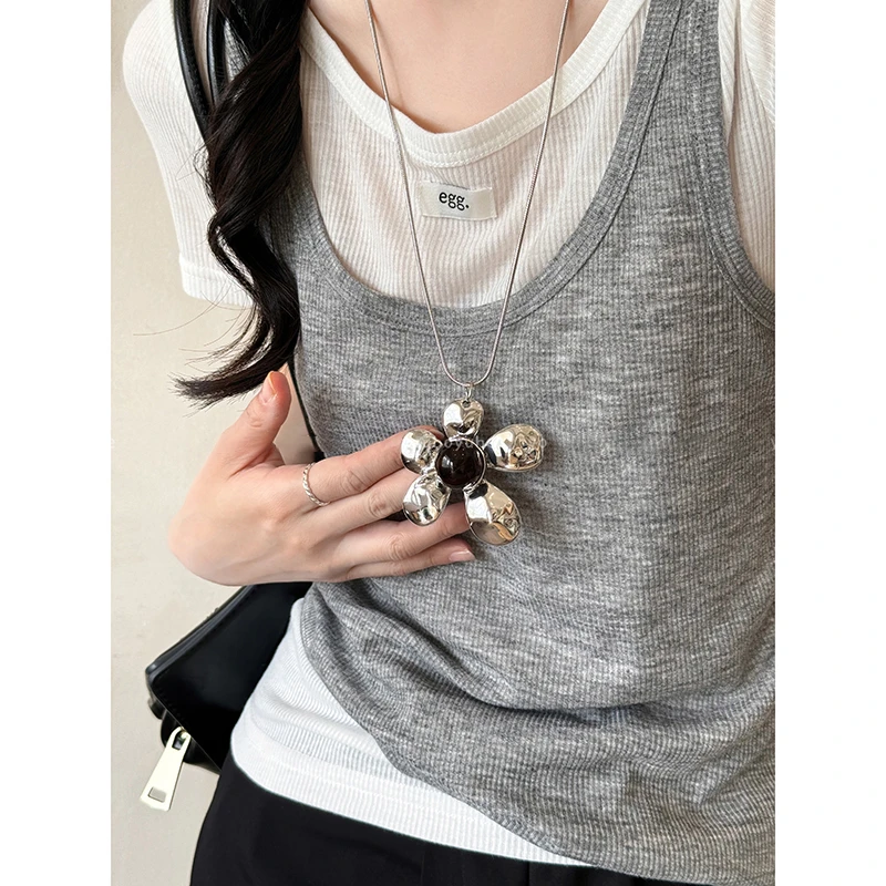 钛钢吊坠 复古银色花朵吊坠项链女夸张高级感长款ins风卫衣链个性