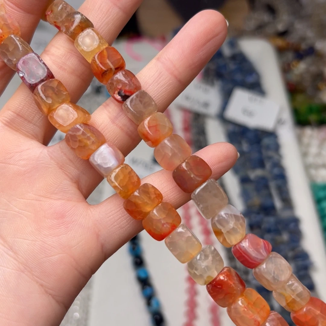 玛瑙/玉髓合金珠宝半成品V13。8mm天然龙鳞纹玛瑙方桶珠一条