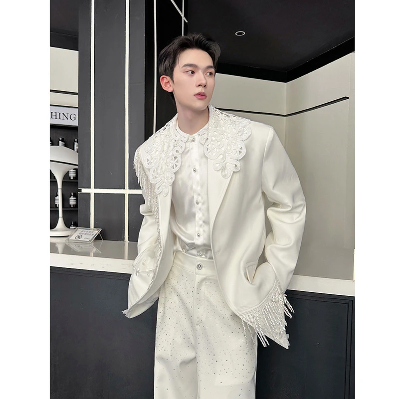 走秀款小众重工流苏串珠垫肩西服男韩版时尚立体绣花气质男模西装