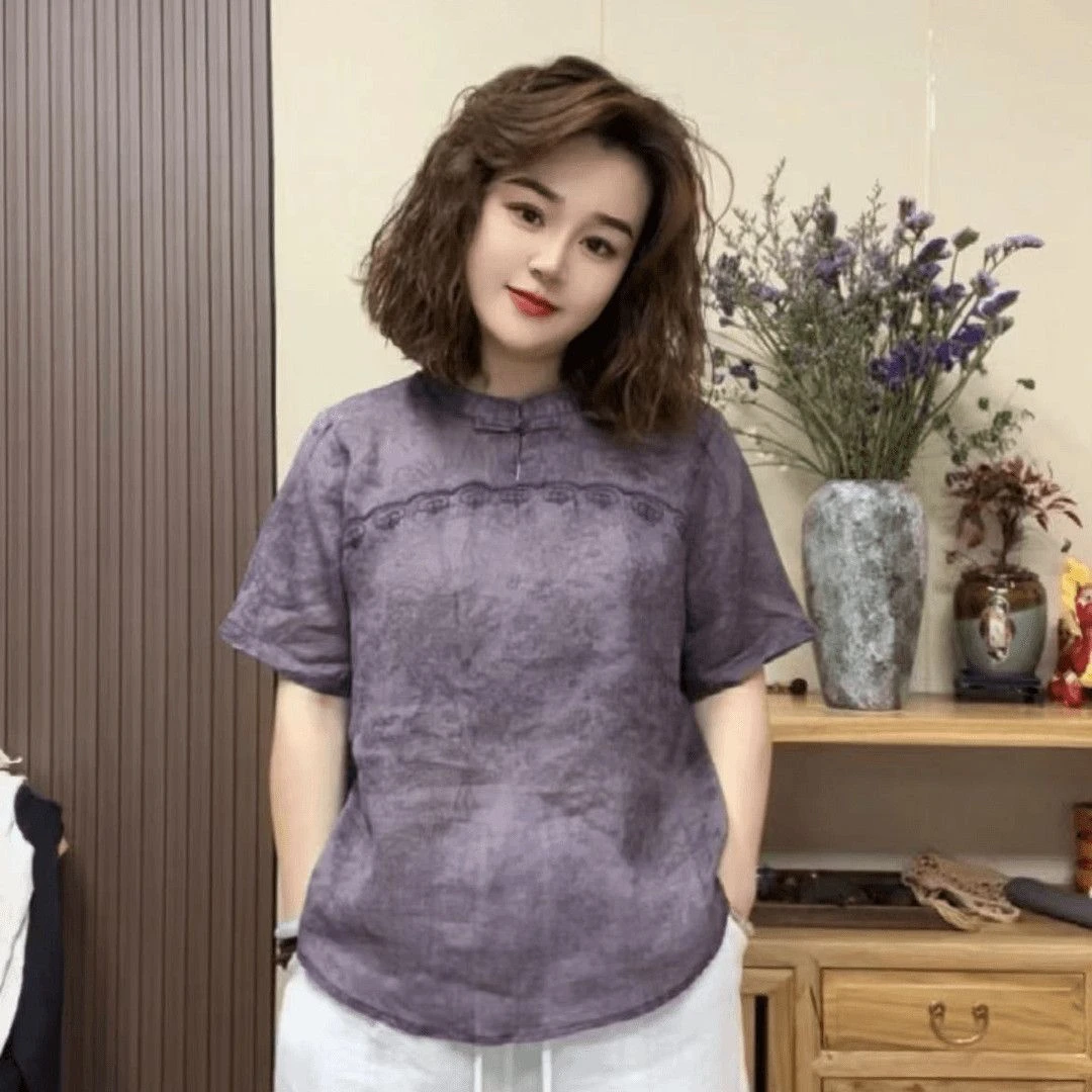 【HTKD】新款夏季新款新中式衬衫女复古盘扣民国风气质文艺风立领短