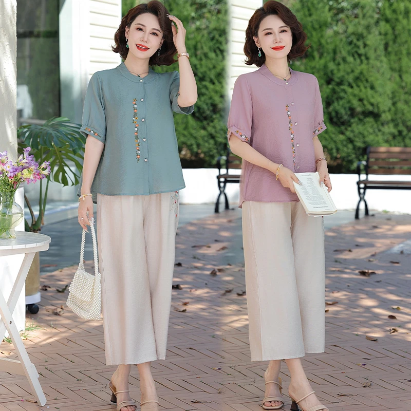 新中式妈妈夏装套装2025新款中老年夏季棉麻小衫大码上衣两件套女
