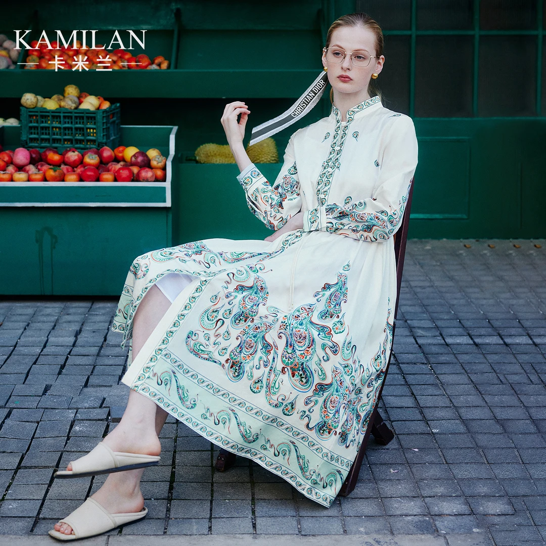 [桑蚕丝]卡米兰复古真丝连衣裙女2025春季新款中长款印花a字裙