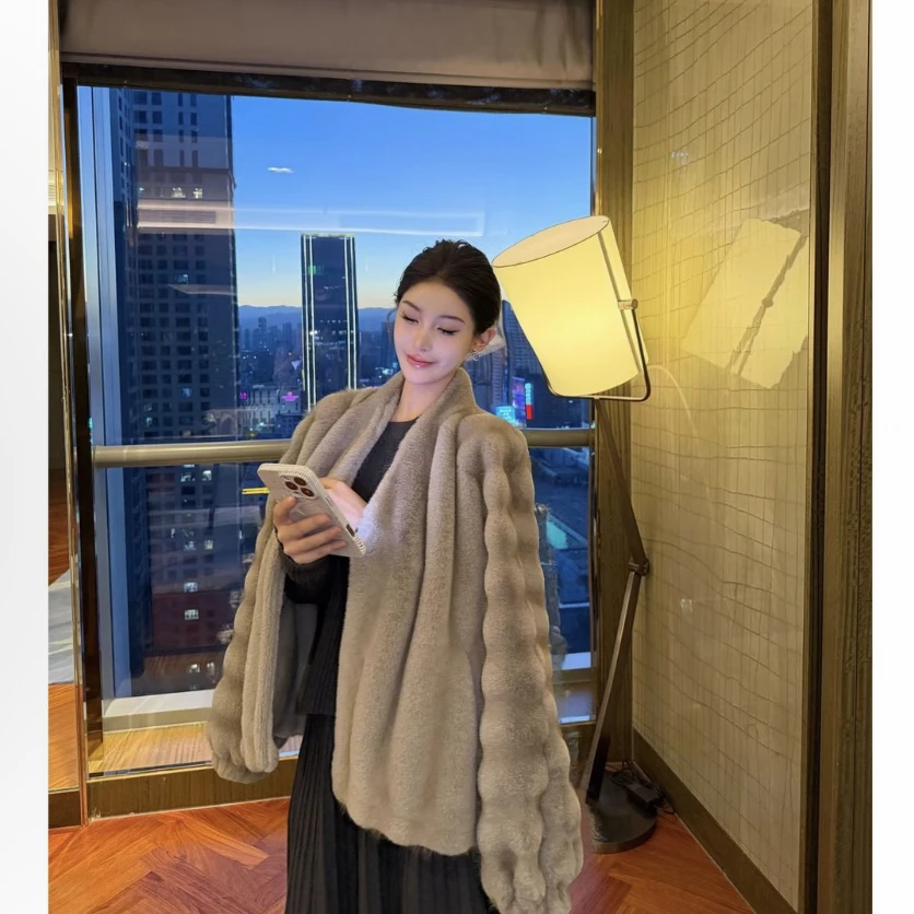 人造皮草 新款竖纹立领龙猫仿真毛毛外套女款